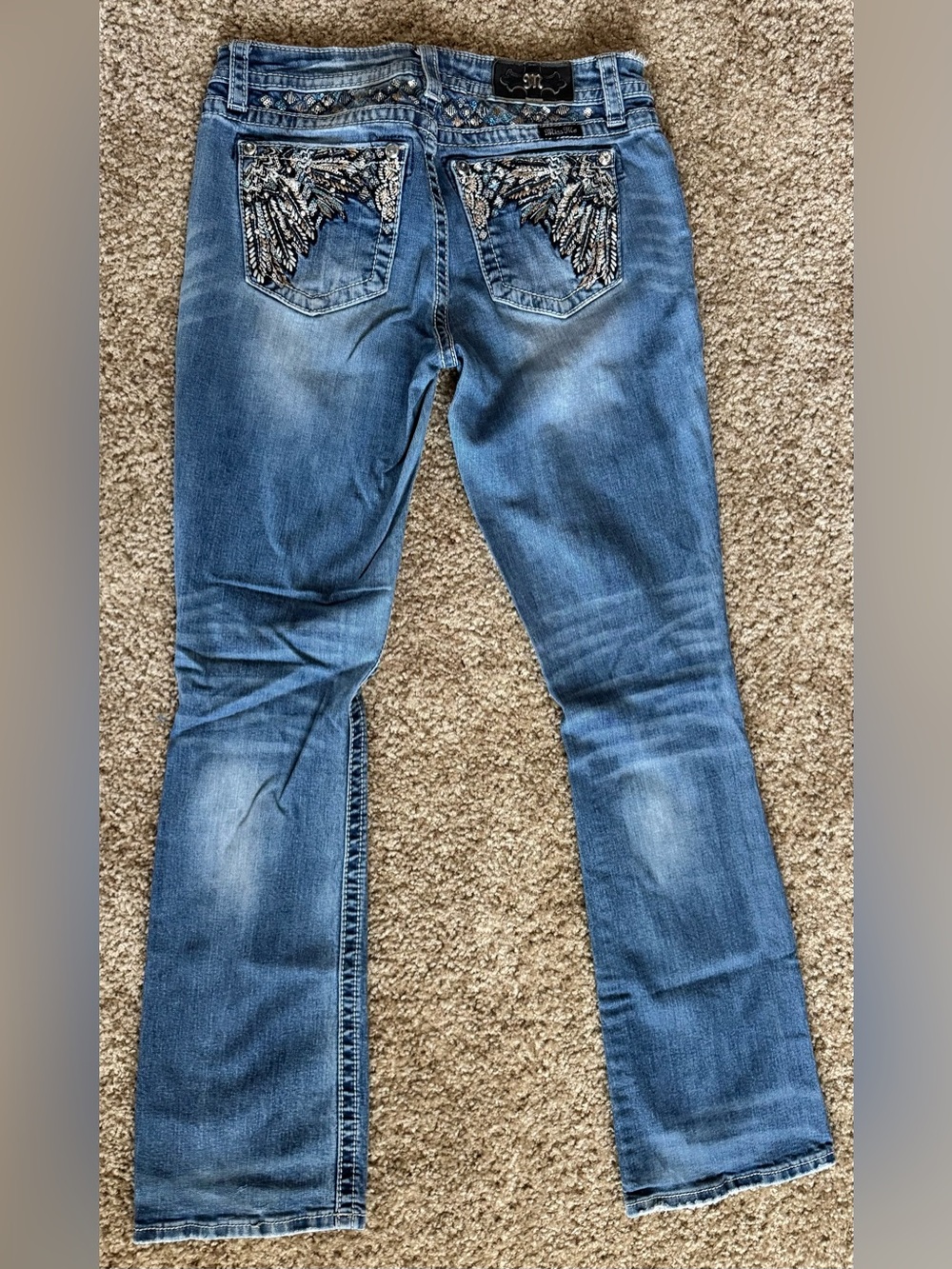 Miss Me Women’s 29 Chloe Bootcut Jeans Embroidered Sequin Wings Rhinestones